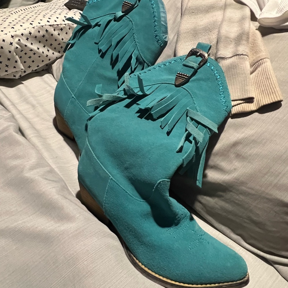 Very Volatile Teal Heeled Boots - Picture 3 of 4